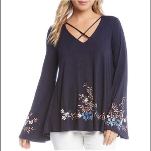 Karen Kane Navy Floral Blouse with Bell Sleeves